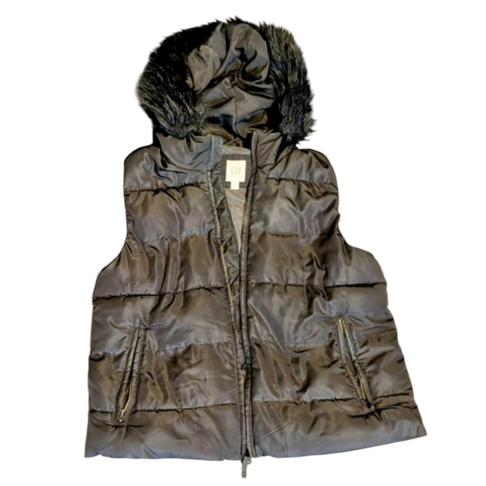 GAP Womens Puffer Vest Black Size M Hooded Faux Fur Trim Padded Insulated Y2K